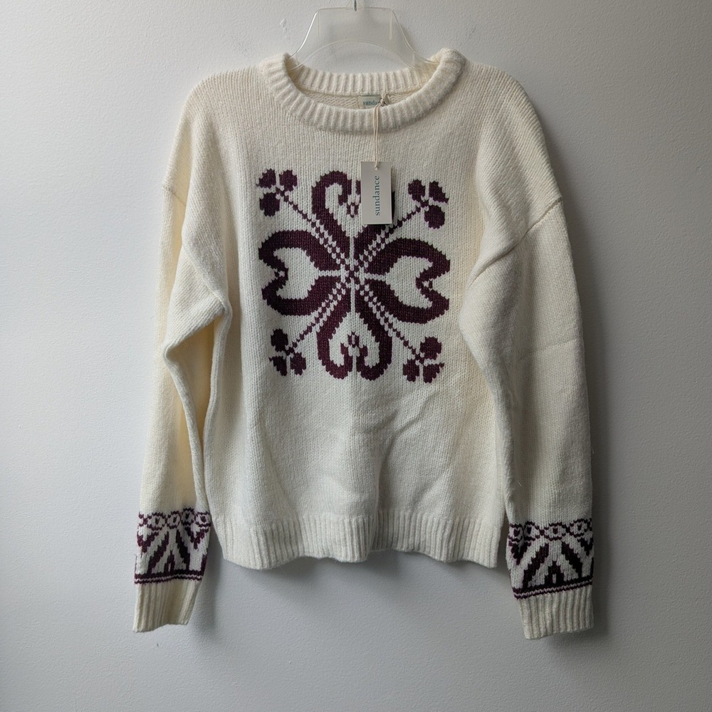 Sundance Sweater White Intarsia Floral Crew Neck Long Sleeve Sz M Nordic Cozy
